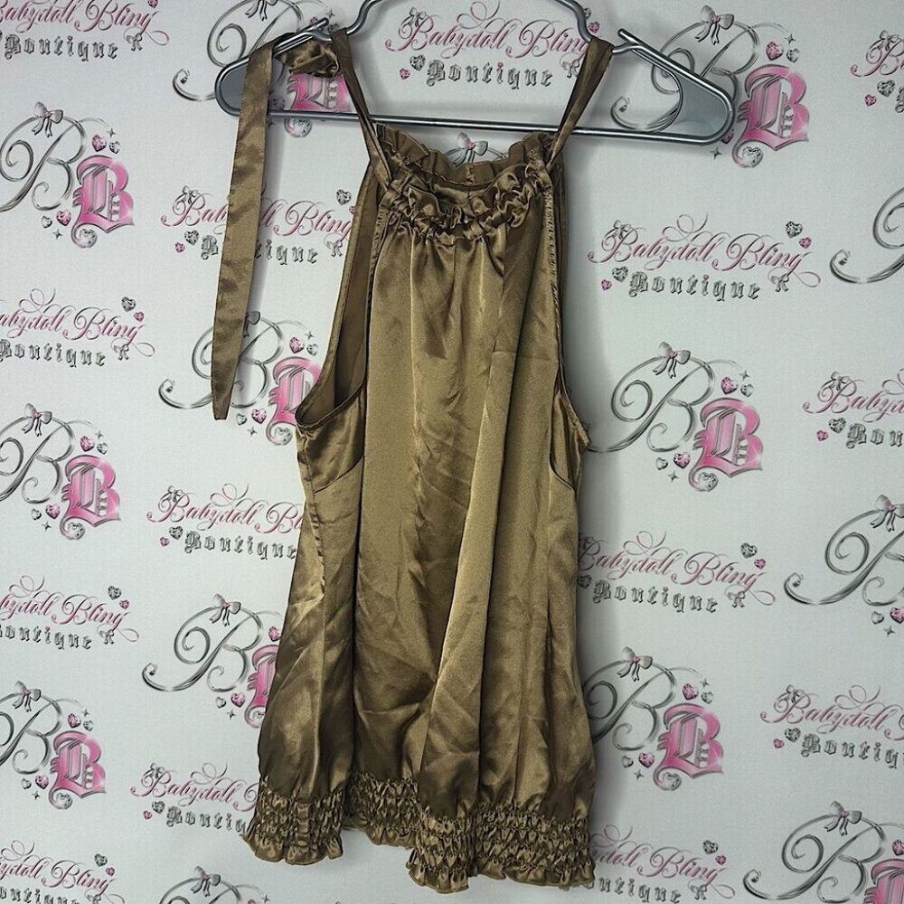 Smart set Silky Brown gold top cinched sexy ribbon tie with Ruffle halter